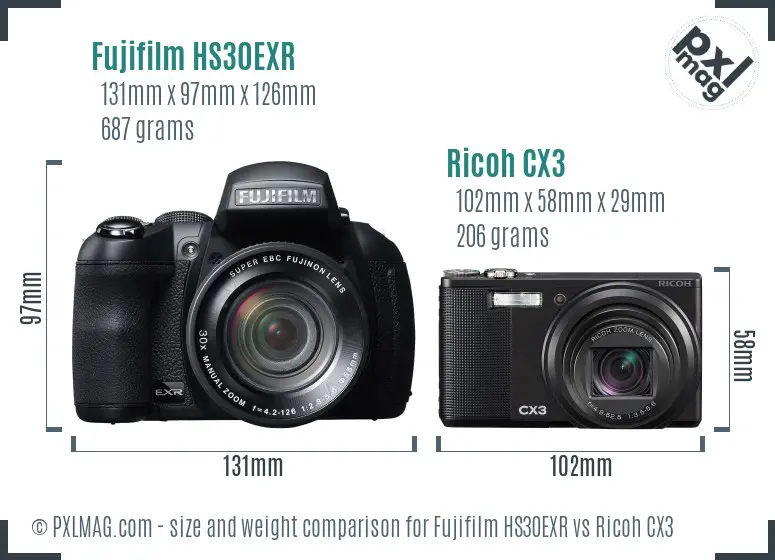 Fujifilm HS30EXR vs Ricoh CX3 size comparison
