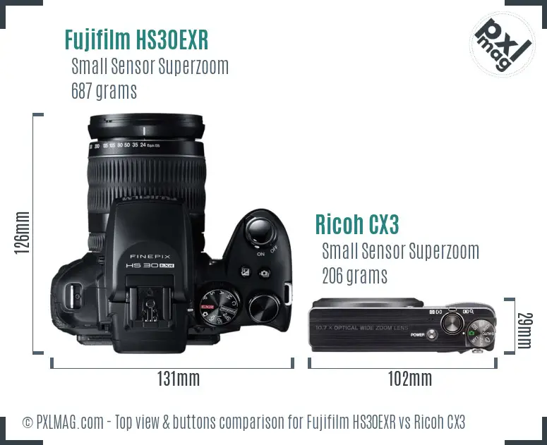 Fujifilm HS30EXR vs Ricoh CX3 top view buttons comparison
