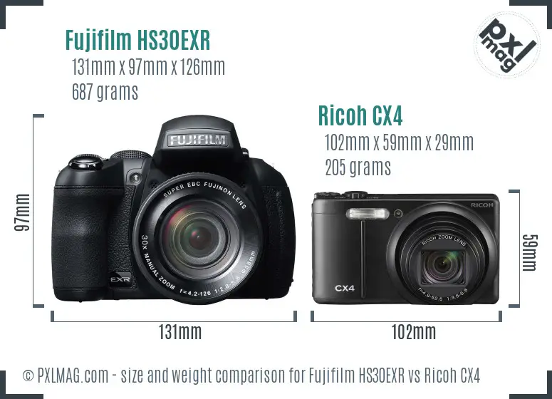 Fujifilm HS30EXR vs Ricoh CX4 size comparison