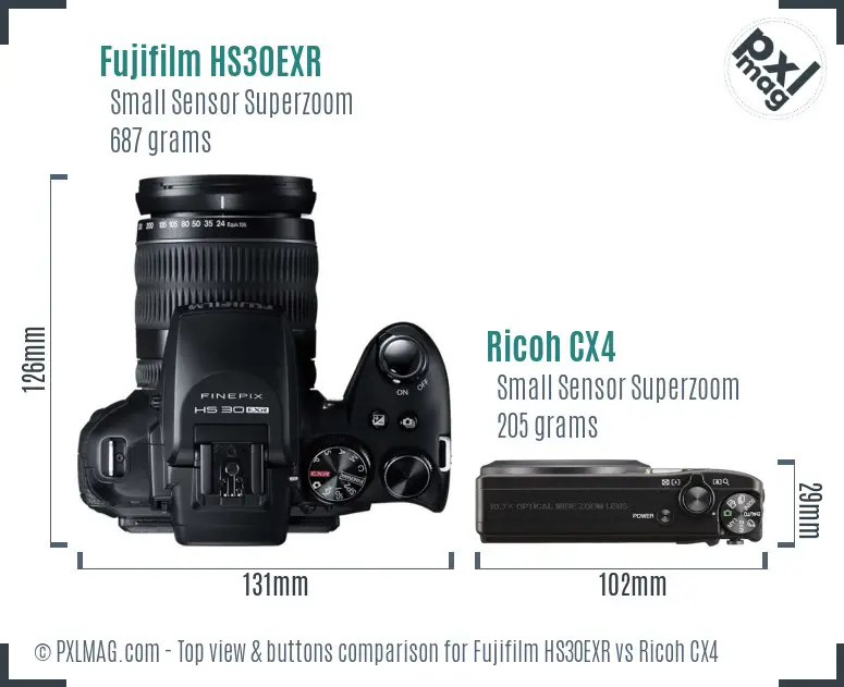Fujifilm HS30EXR vs Ricoh CX4 top view buttons comparison