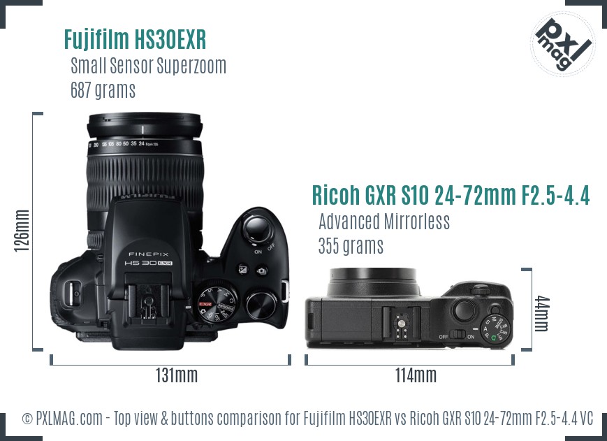 Fujifilm HS30EXR vs Ricoh GXR S10 24-72mm F2.5-4.4 VC top view buttons comparison
