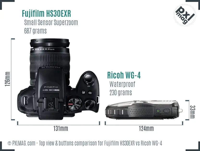 Fujifilm HS30EXR vs Ricoh WG-4 top view buttons comparison Fujifilm HS30EXR vs Ricoh WG-4 top view buttons comparison