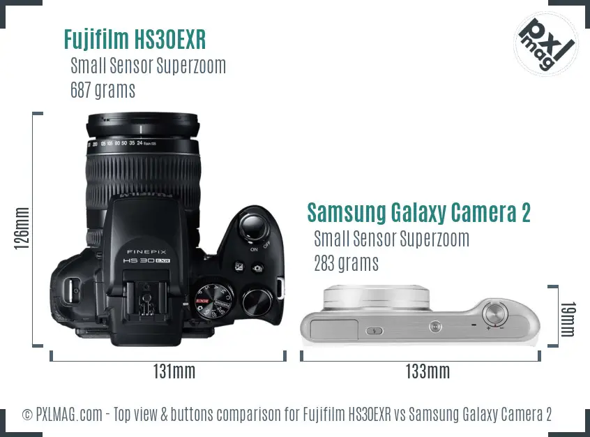 Fujifilm HS30EXR vs Samsung Galaxy Camera 2 top view buttons comparison