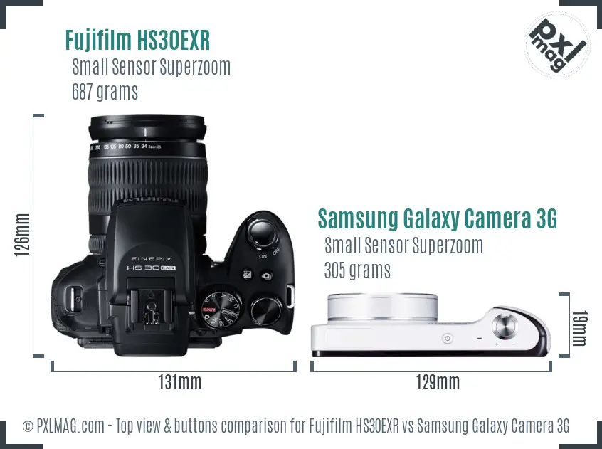 Fujifilm HS30EXR vs Samsung Galaxy Camera 3G top view buttons comparison Fujifilm HS30EXR vs Samsung Galaxy Camera 3G top view buttons comparison