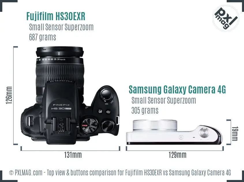 Fujifilm HS30EXR vs Samsung Galaxy Camera 4G top view buttons comparison