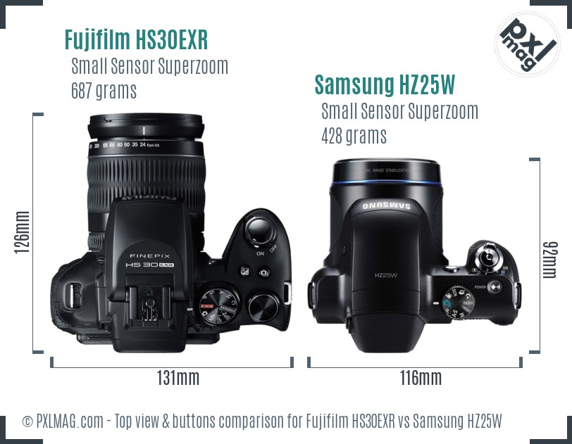 Fujifilm HS30EXR vs Samsung HZ25W top view buttons comparison