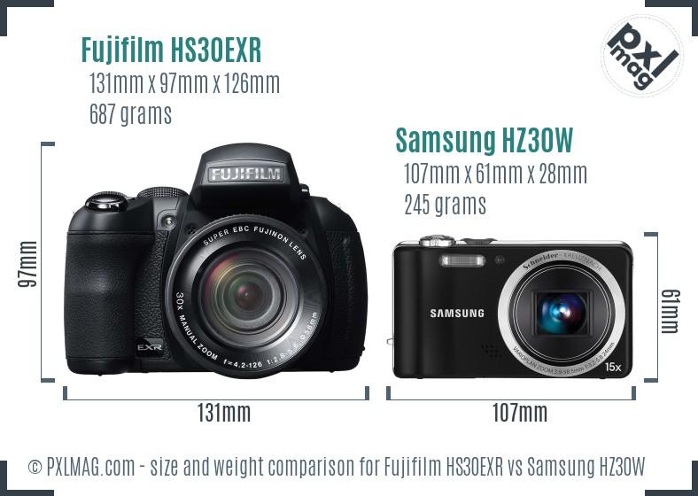 Fujifilm HS30EXR vs Samsung HZ30W size comparison