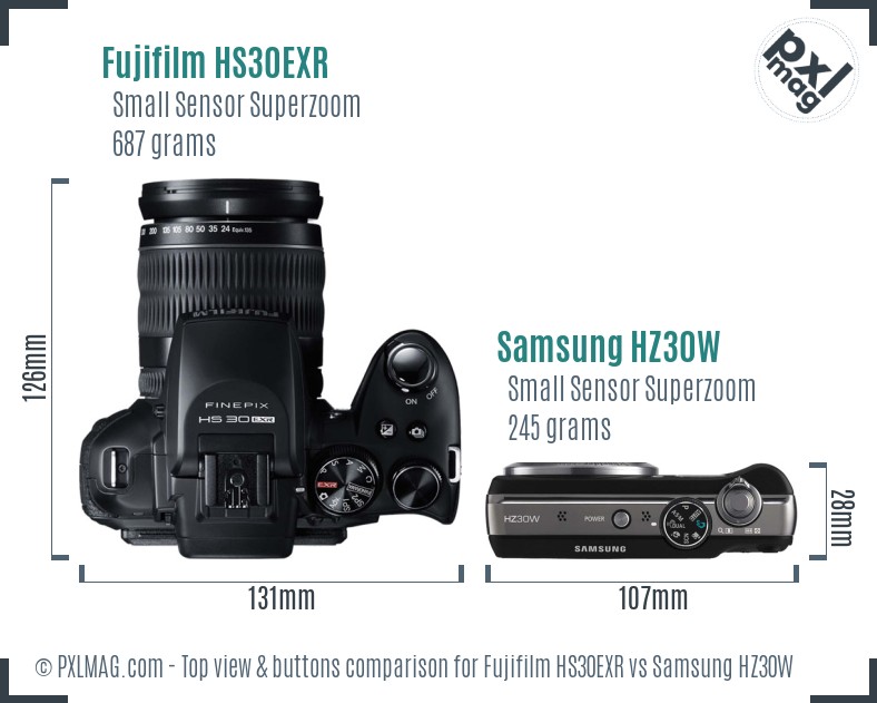 Fujifilm HS30EXR vs Samsung HZ30W top view buttons comparison