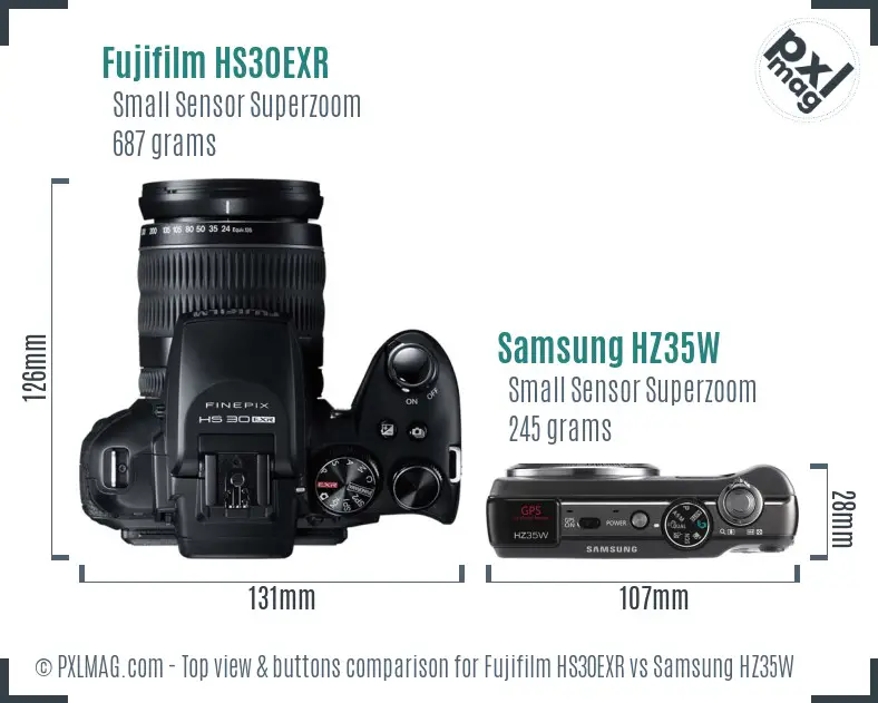 Fujifilm HS30EXR vs Samsung HZ35W top view buttons comparison Fujifilm HS30EXR vs Samsung HZ35W top view buttons comparison