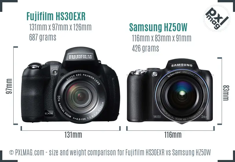 Fujifilm HS30EXR vs Samsung HZ50W size comparison