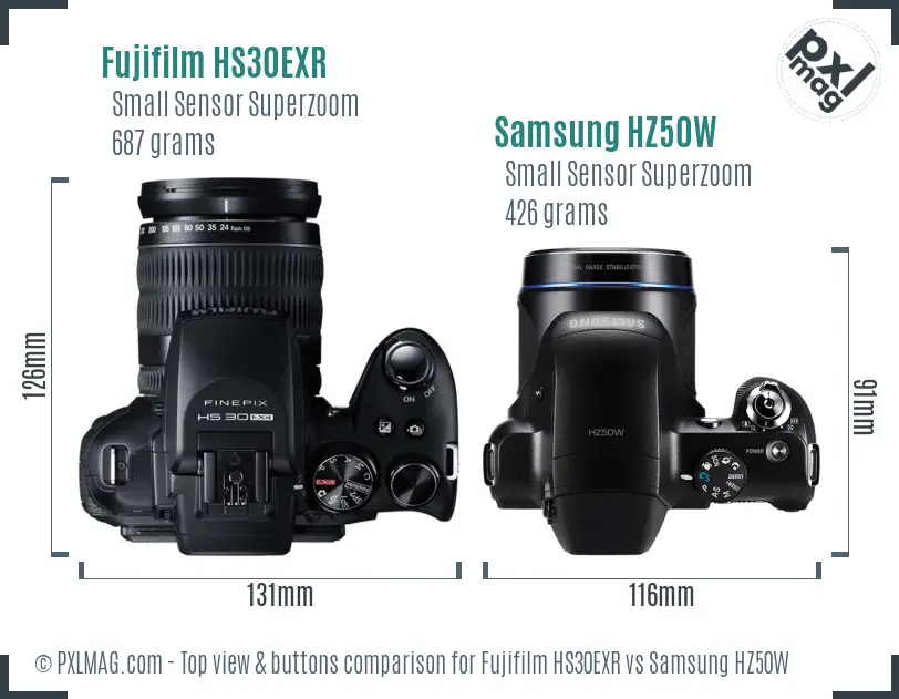 Fujifilm HS30EXR vs Samsung HZ50W top view buttons comparison