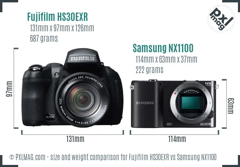 Fujifilm HS30EXR vs Samsung NX1100 size comparison