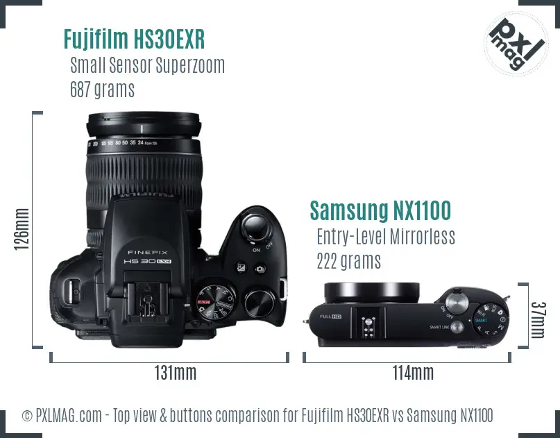 Fujifilm HS30EXR vs Samsung NX1100 top view buttons comparison