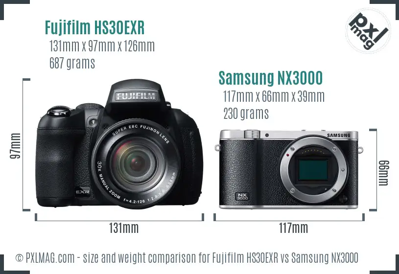 Fujifilm HS30EXR vs Samsung NX3000 size comparison