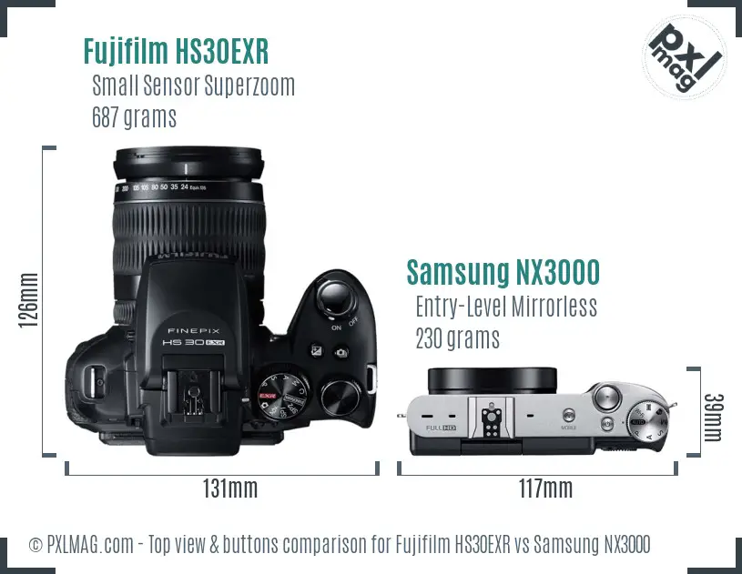 Fujifilm HS30EXR vs Samsung NX3000 top view buttons comparison