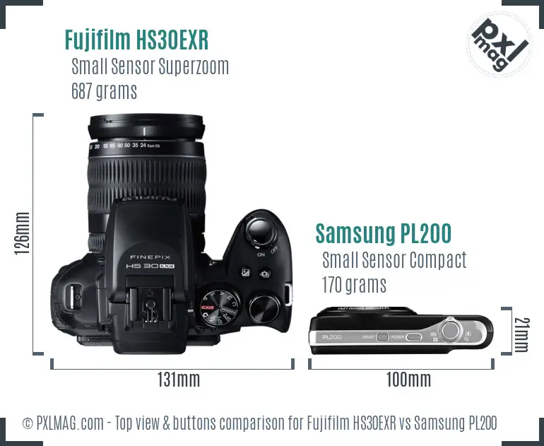 Fujifilm HS30EXR vs Samsung PL200 top view buttons comparison Fujifilm HS30EXR vs Samsung PL200 top view buttons comparison