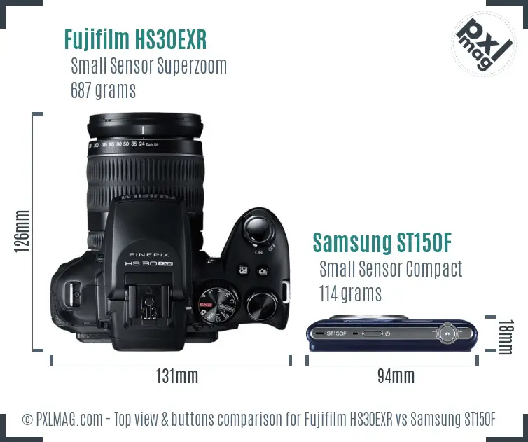 Fujifilm HS30EXR vs Samsung ST150F top view buttons comparison