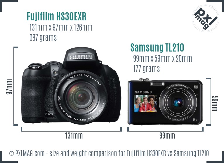 Fujifilm HS30EXR vs Samsung TL210 size comparison