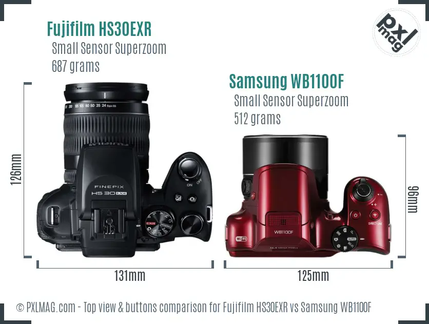 Fujifilm HS30EXR vs Samsung WB1100F top view buttons comparison