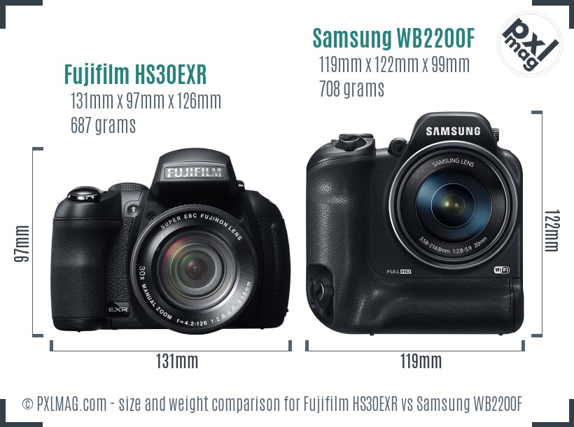 Fujifilm HS30EXR vs Samsung WB2200F size comparison