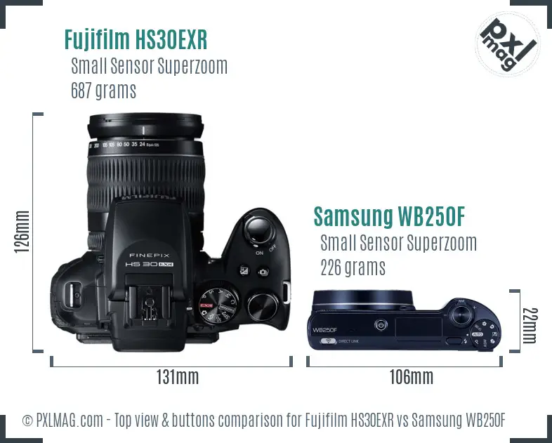 Fujifilm HS30EXR vs Samsung WB250F top view buttons comparison
