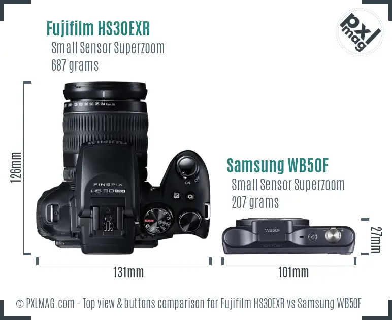 Fujifilm HS30EXR vs Samsung WB50F top view buttons comparison