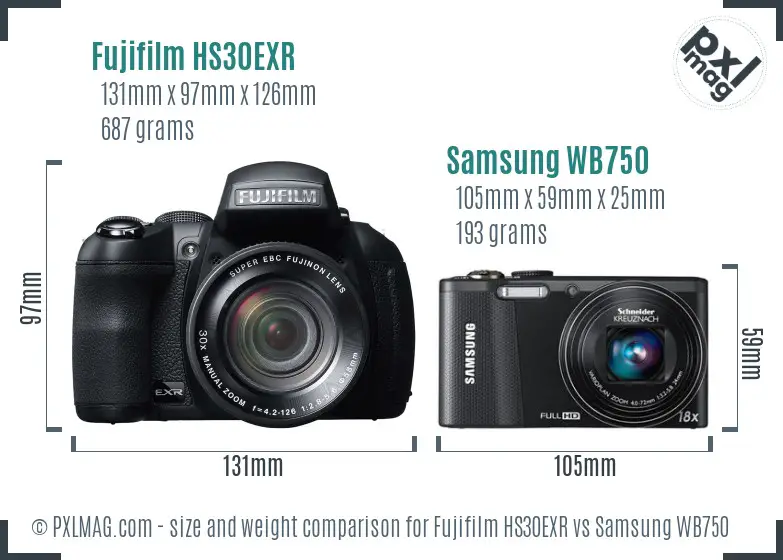 Fujifilm HS30EXR vs Samsung WB750 size comparison