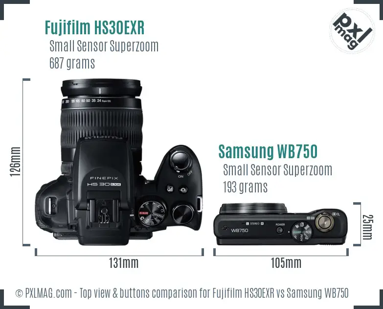 Fujifilm HS30EXR vs Samsung WB750 top view buttons comparison