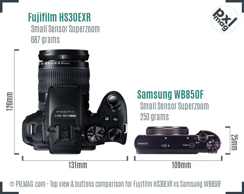Fujifilm HS30EXR vs Samsung WB850F top view buttons comparison