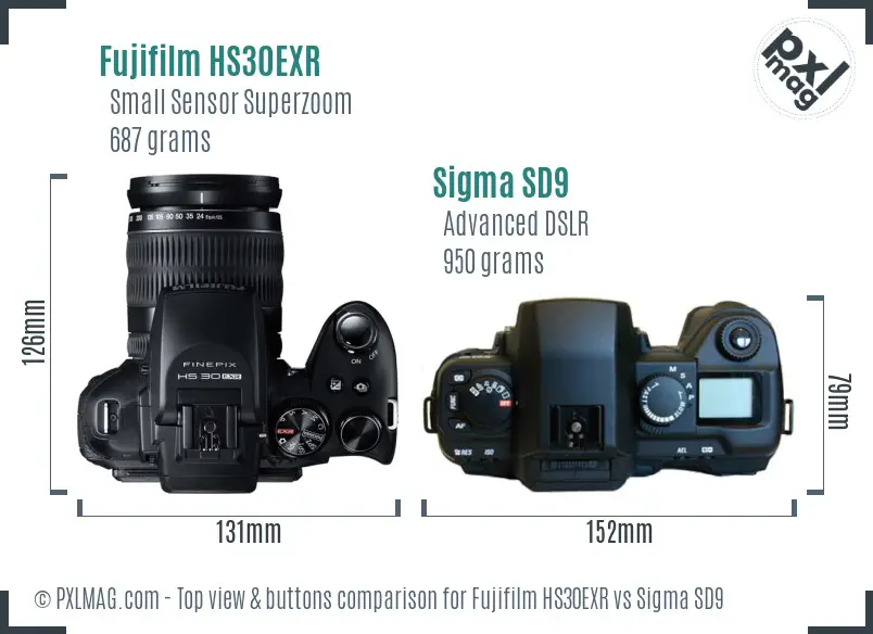 Fujifilm HS30EXR vs Sigma SD9 top view buttons comparison