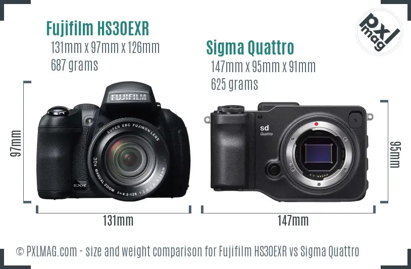 Fujifilm HS30EXR vs Sigma Quattro size comparison