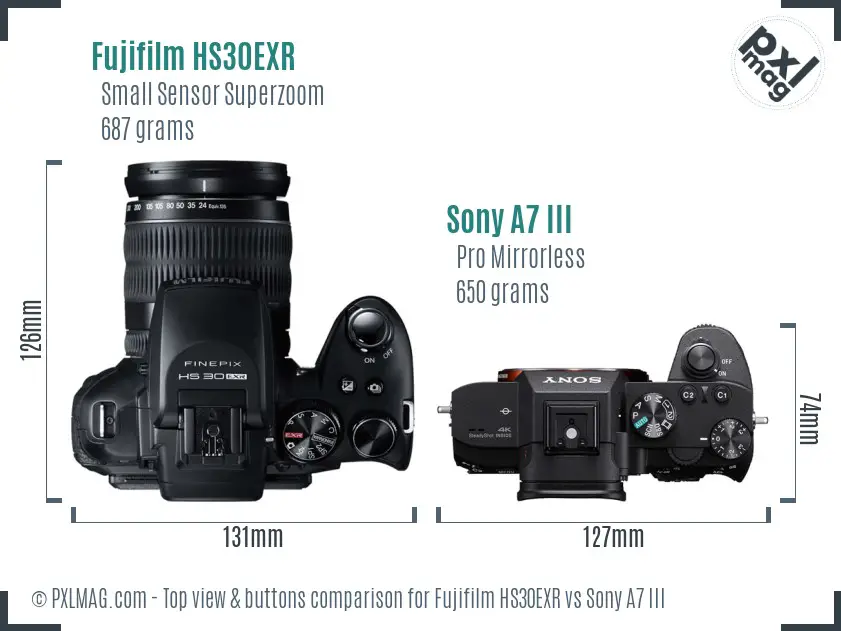 Fujifilm HS30EXR vs Sony A7 III top view buttons comparison