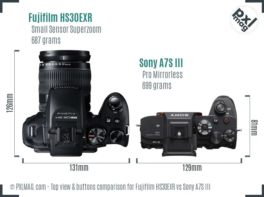 Fujifilm HS30EXR vs Sony A7S III top view buttons comparison Fujifilm HS30EXR vs Sony A7S III top view buttons comparison