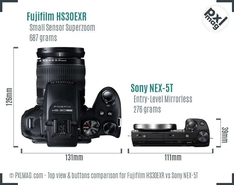 Fujifilm HS30EXR vs Sony NEX-5T top view buttons comparison