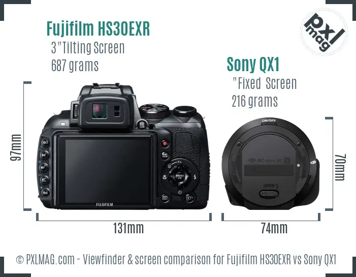 Fujifilm HS30EXR vs Sony QX1 Screen and Viewfinder comparison