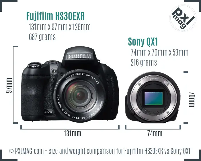 Fujifilm HS30EXR vs Sony QX1 size comparison