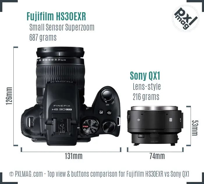 Fujifilm HS30EXR vs Sony QX1 top view buttons comparison