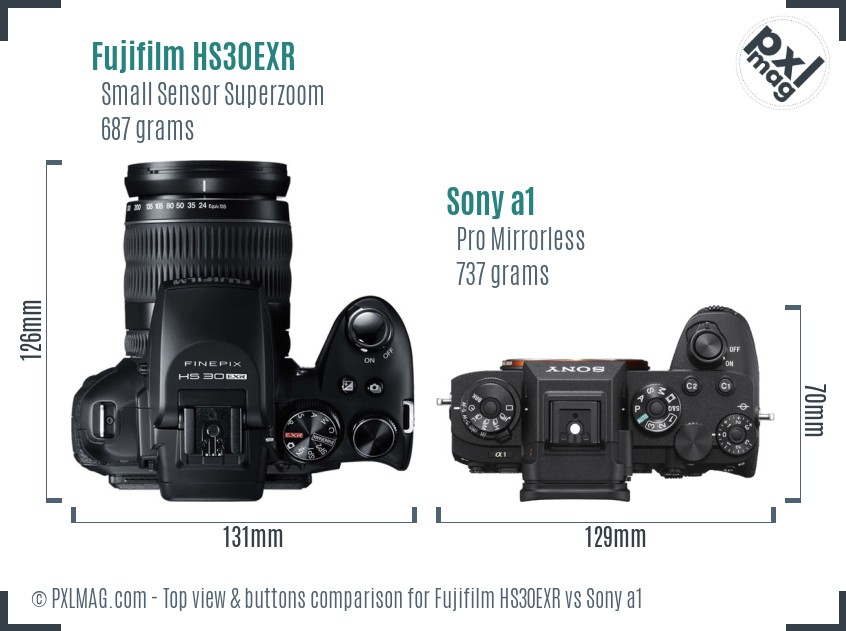 Fujifilm HS30EXR vs Sony a1 top view buttons comparison