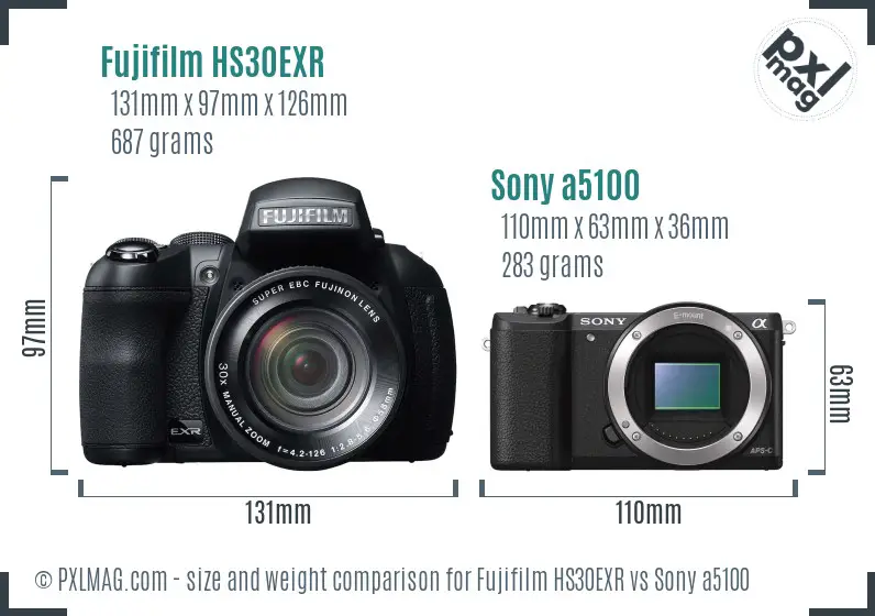 Fujifilm HS30EXR vs Sony a5100 size comparison