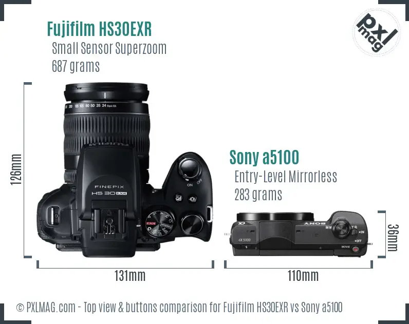 Fujifilm HS30EXR vs Sony a5100 top view buttons comparison