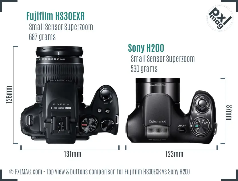 Fujifilm HS30EXR vs Sony H200 top view buttons comparison