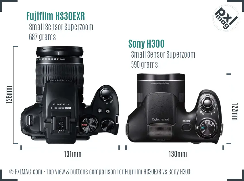Fujifilm HS30EXR vs Sony H300 top view buttons comparison Fujifilm HS30EXR vs Sony H300 top view buttons comparison