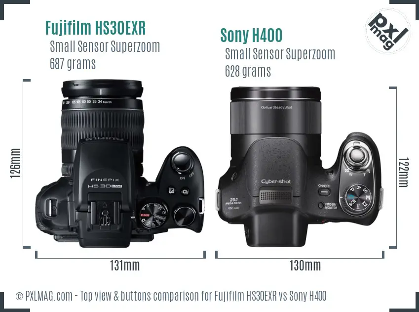 Fujifilm HS30EXR vs Sony H400 top view buttons comparison