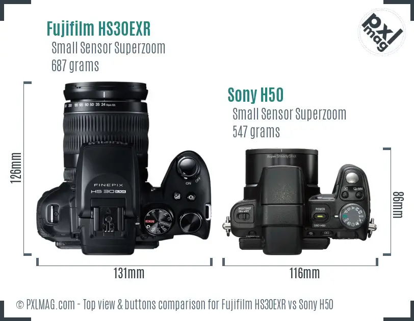 Fujifilm HS30EXR vs Sony H50 top view buttons comparison Fujifilm HS30EXR vs Sony H50 top view buttons comparison
