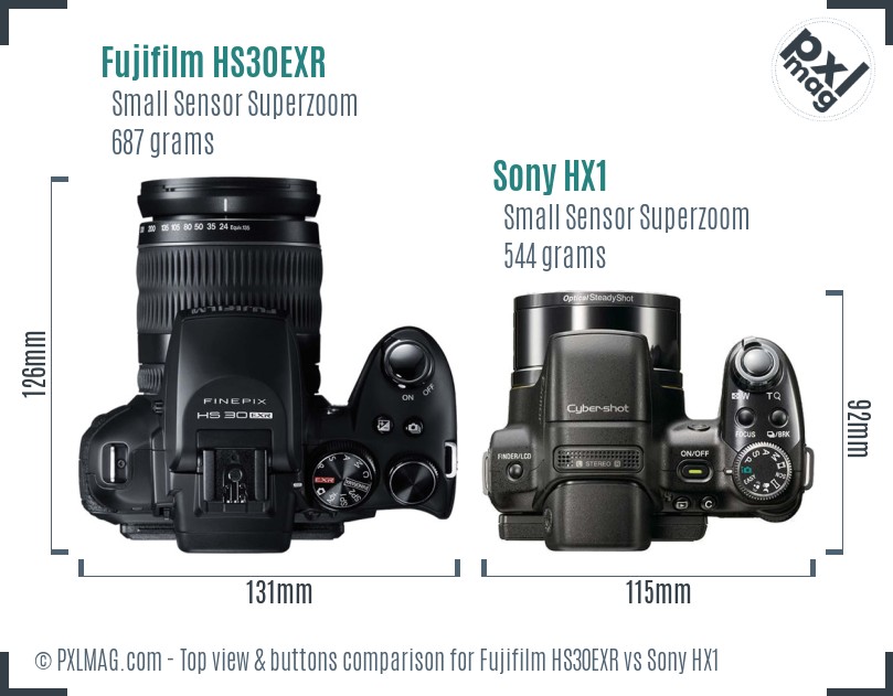 Fujifilm HS30EXR vs Sony HX1 top view buttons comparison