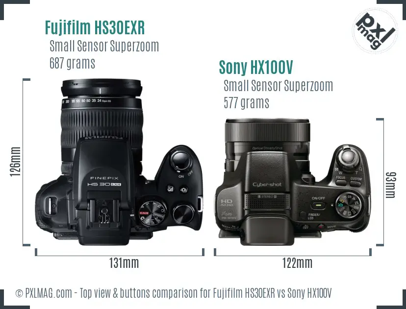Fujifilm HS30EXR vs Sony HX100V top view buttons comparison