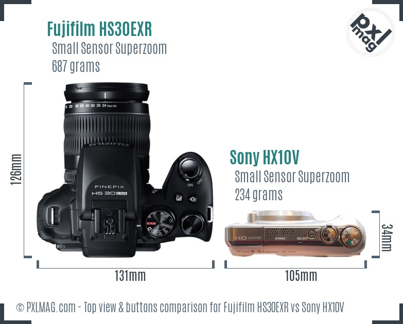 Fujifilm HS30EXR vs Sony HX10V top view buttons comparison