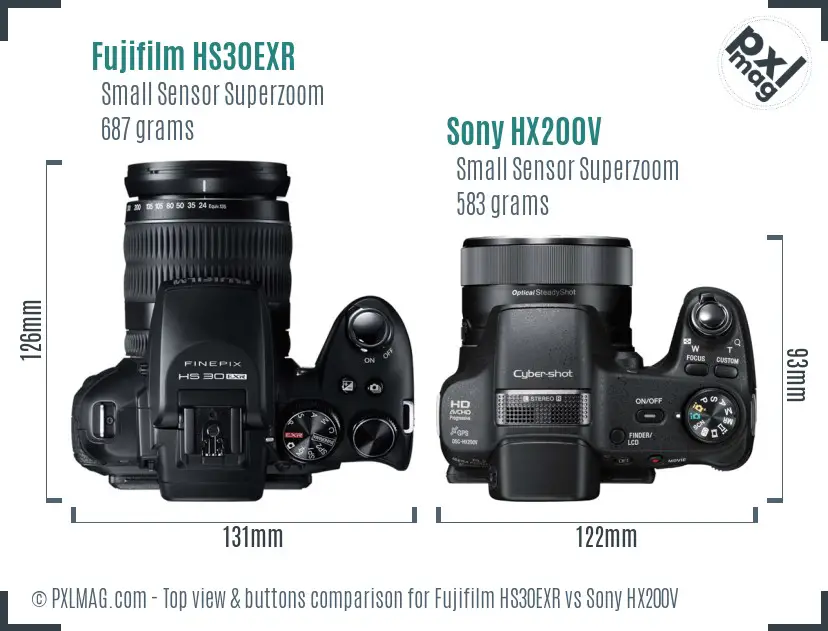 Fujifilm HS30EXR vs Sony HX200V top view buttons comparison