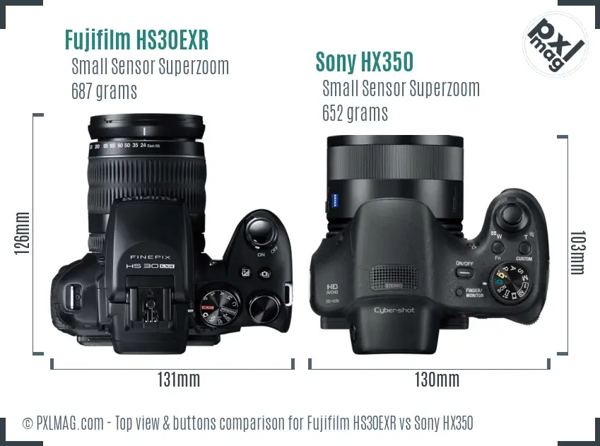 Fujifilm HS30EXR vs Sony HX350 top view buttons comparison