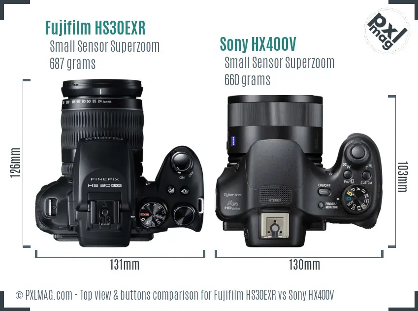 Fujifilm HS30EXR vs Sony HX400V top view buttons comparison